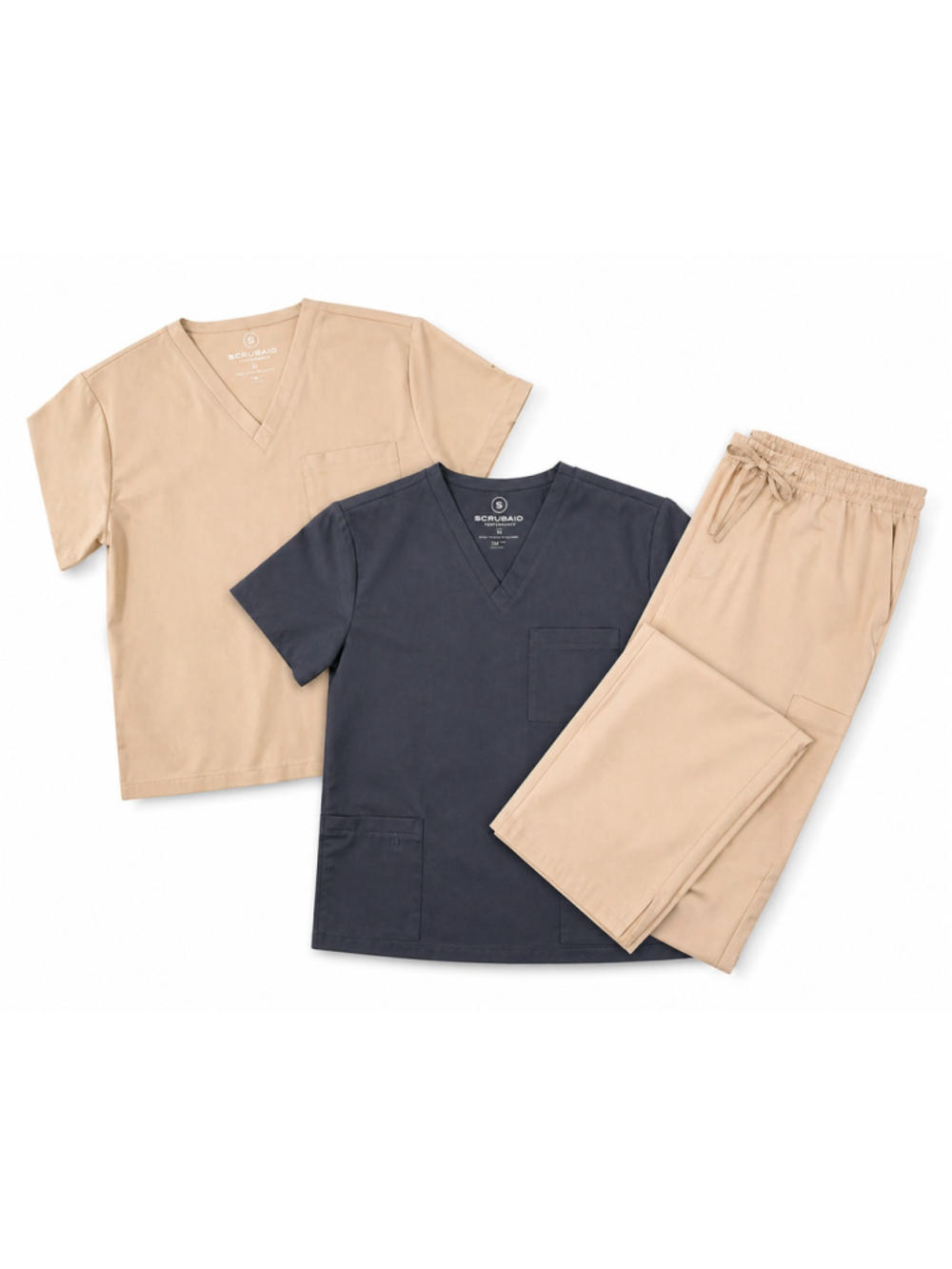Scrubaid Mens Medical Scrubs Bundle Khaki Top & Pants Sz L/Pewter Sz M NWT